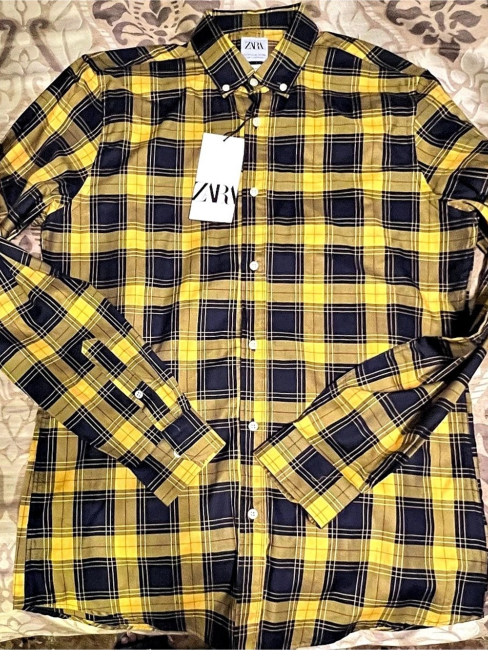 Zara Relaxed Fit Plaid Shirt Plaid Cotton Shirt Yellow & Black Medium